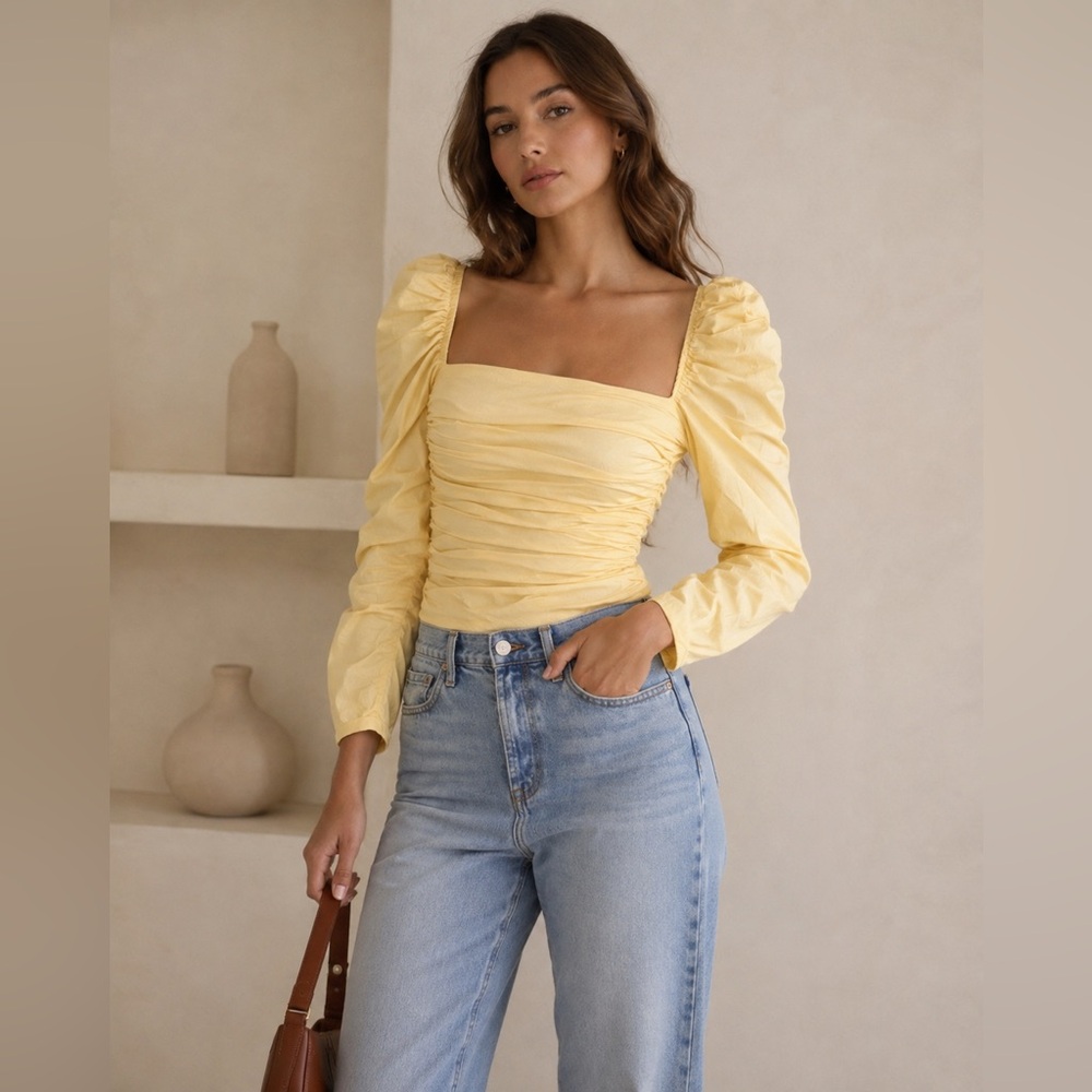 NWT Reformation Joi Ruched Stretch Organic Cotton Top in Zest